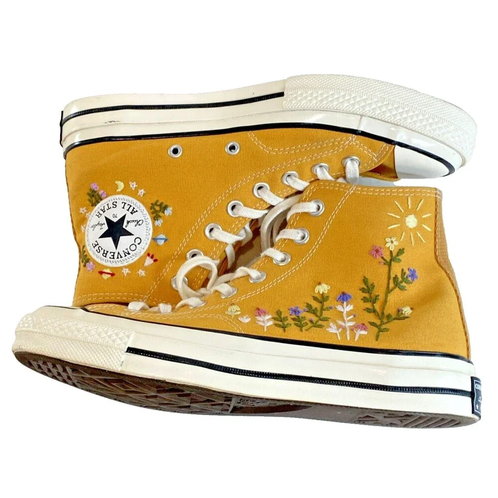 Converse Unisex Chuck Taylor All Star Hi Yellow Floral Embroidery Shoes Sneakers